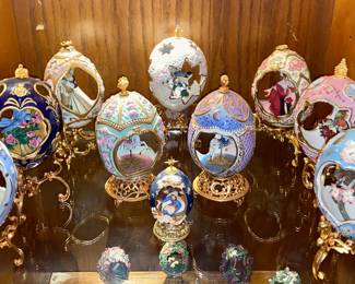 24K Gold Faberge Bluebird Goldfinch Porcelain Eggs Franklin mint