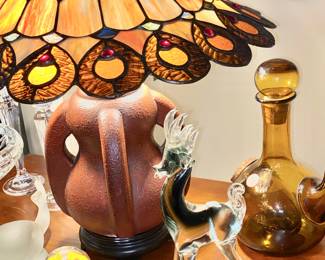 Stained glass pottery lamp, crystal paperweights, & more