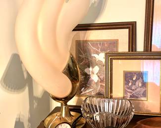 Harris Industries Acrylic Torch lamp, Linden clock, crystal bowl, vintage camera