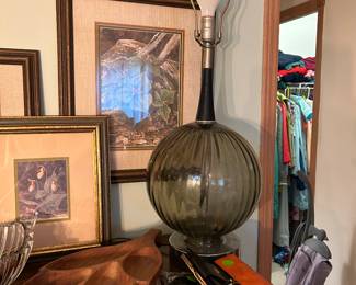 vintage glass globe lamp, monkey wood bowl