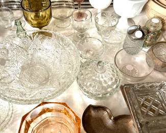 pink depression glass, milk glass 