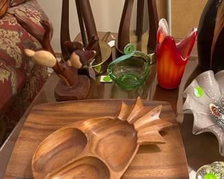 monkey wood platter and wooden bowl