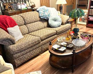 upholstered sofa, foot stool