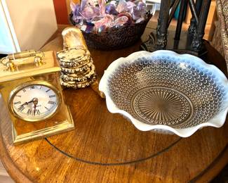 Fenton bowl, heavy brass clock , antler coasters