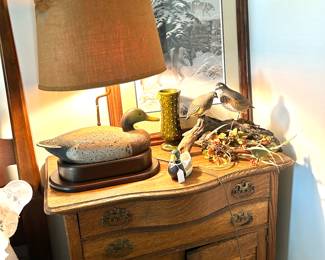 antique chest, duck decoy lamp 