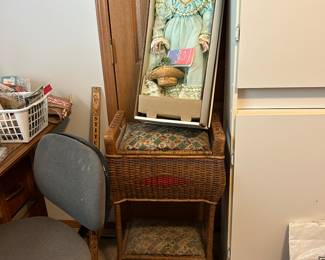 vintage sewing basket, doll