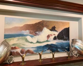 Brass, Ystad Lily Candlesticks, mid century, Sweden . Silver Shelf, Oil Painting