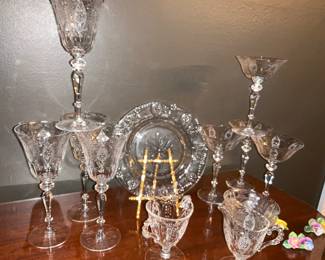 Crystal, Etched Stemware. Multiple sets of 4