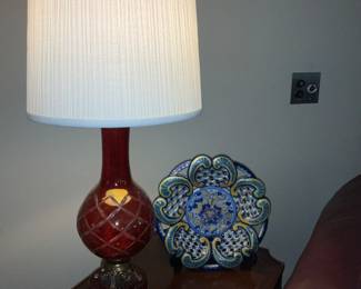 Ruby Red, Etched glass, Lamp, Matching pair.  Pair of Hand painted plates 