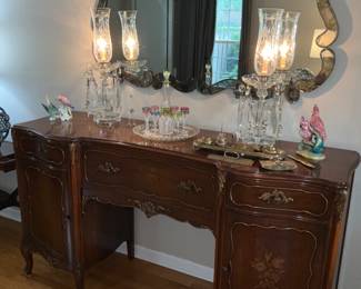 Romweber, French Provincial Louis XV,  Rosewood Sideboard , Circa 1920s.  Matching Cabinet, Dining Room Table,  and cabinet. Great Condition.   Large Mirror