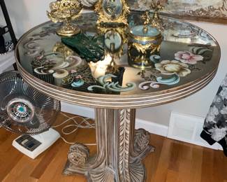 Mirrored pedestal table,  vintage dresser set