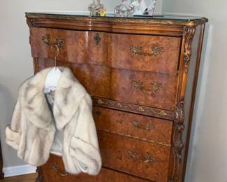 Romweber, French Provincial Louis XV,  matching chest of drawers, nightstand, dresser. Mink shrug 