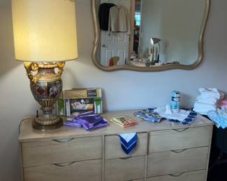 Vintage, Bassett, blonde bedroom furniture.  Vintage lamps, hats, hankies/scarves 
 Vera linens 