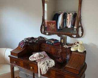Ladies desk, vintage scarf and hat sets
