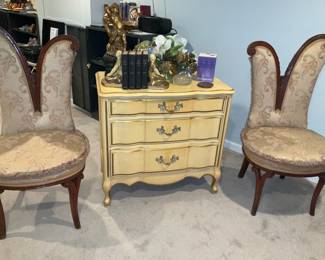 Vintage, sculpted chairs, chest of drawers,  book ends 
