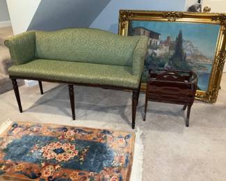 Vintage, bench, antique oil paintings 