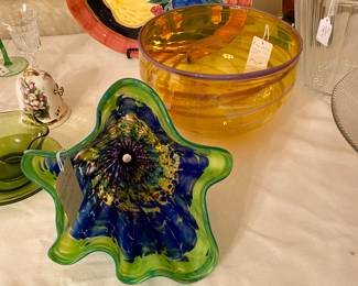 the yellow bowl and the blue/green wave are local artist Ginny Garcia, Garcia Art Studio