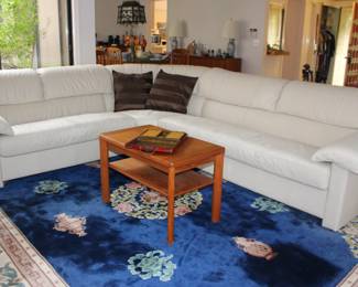 Leather Sectional, Teak Table, Mahjong Game & Multicolor Asian Area Rug 