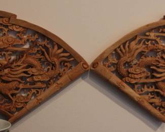 Carved Wood Dragons on Fan Shapes