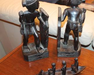 Small Chinese Carved Boat with People, Wood Carved Asian Warrior Book Ends