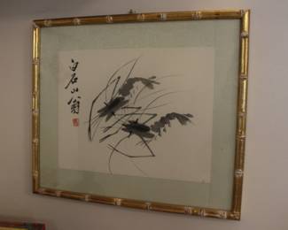 Bamboo Framed Art with Chinese Calligraphy, possibly by Qi Bashi