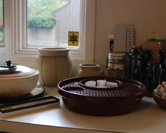 Cannister Set, Pottery Pans, Storage, Wood African Spoons