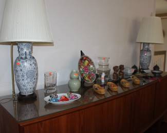 Asian Lamps, Serving Pieces, Vase, Bowls, Plate and Statuary Figurines