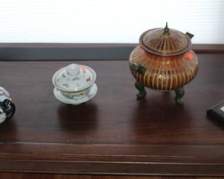 Tea Pot, Basket on Legs, Chrome Item and Covered Asian Dish