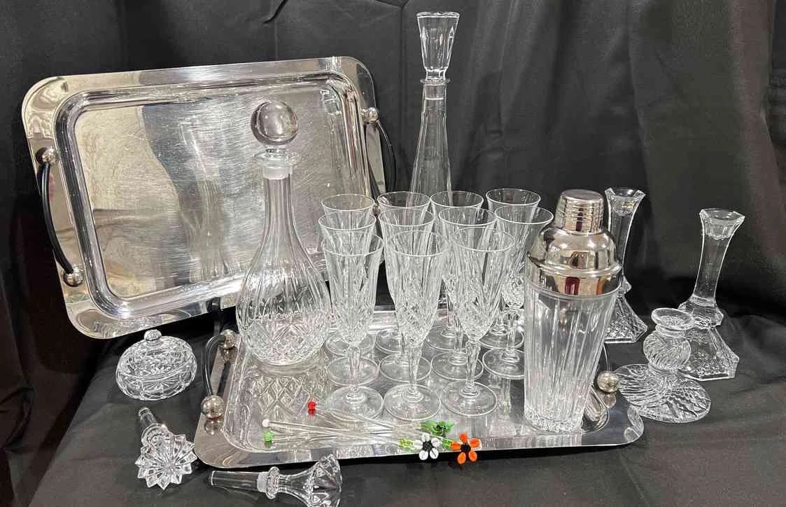 Marquis By Waterford Trays, Stoppers. Heavy Decanters. Variety Candle Sticks And Glassware.