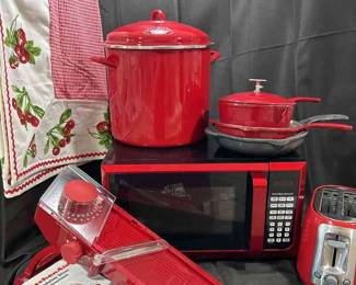 Red Microwave, Toaster, Mandolin Slicer, Enameled Cast Iron, Enamel Stockpot, Rectangle Tablecloth 
