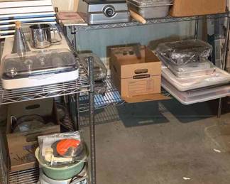 Kitchen Aid Mixing Tool, Catering Pans, Baking Pans, Two Metal Shelving Units, And More 