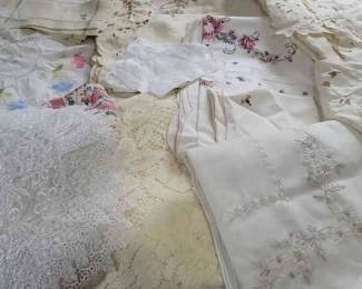 Assorted Linens Lace, Embroidery, Crosstitch, And More
