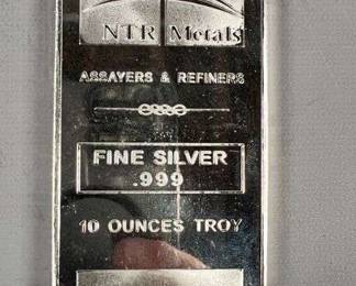 Silver Bar 10 Troy Ounces .999 Fine Silver