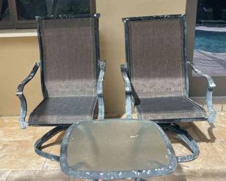 2 Lightweight Metal Patio Chairs and Table with Peeling Paint 