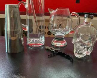 11 Martini Pitcher, Footed Glass Wheat Design Pitcher, Clear Empty Skull Glass Bottle, 2 Metal Shakers, Wine Opener