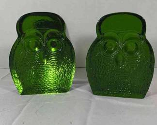 Blenko Green Glass Owl Bookends