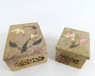 Lot of 2 Carved Soapstone Trinket Boxes