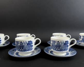 Lot of 6 Churchill Blue & White Cups & Saucers - Made in England