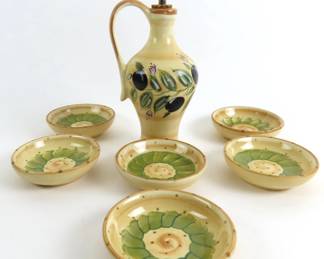 "Provincial Olives" Hand Painted Oil Cruet with 6 Dipping Plates
