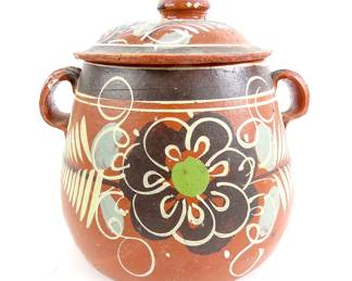 Vintage Traditional Tlaquepaque Ollas de Barro Mexican Red Clay Double Handled Bean Pot