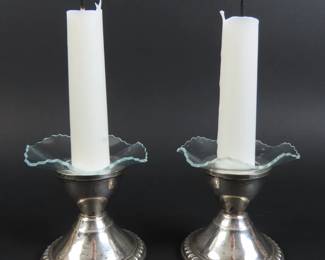 Pair of Short Sterling Silver Weighted Candle Sticks with Candles