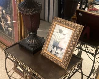 Metal side table; lamp