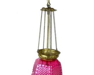Victorian hanging light fixture with cranberry glass globe which was updated for electrically a few decades ago. 