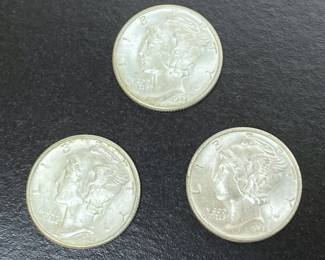 Three 1944 Mercury Dime Coins