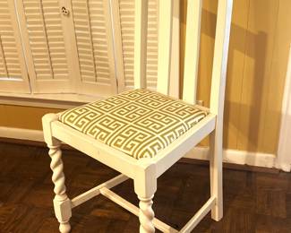 Antique English barley twist side chair painted white with updated fabric seat covering