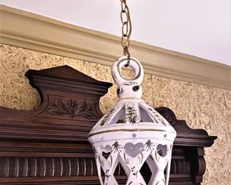 Vintage 1970s hand painted French faience pottery light fixture, signed Faïencerie D'Art Of Angoulême Le Renoleau.......To register in order to place bids go to www.capitolsalesservices.hibid.com 