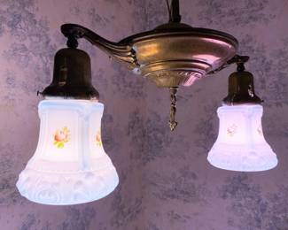 Early 1900s brass ceiling light fixture with original glass shades.......To register in order to place bids go to www.capitolsalesservices.hibid.com 