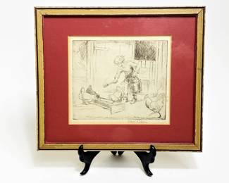 Antique etching of a boy feeding chickens by Eileen Soper  
