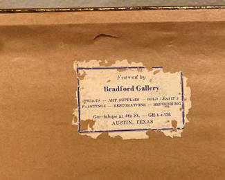 The original gallery label of Bradford Gallery in Austin, TX owned by Dewey Bradford