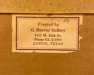 The original paper label for the G. Harvey Gallery of Austin, TX.   Notice the old style telephone number. 